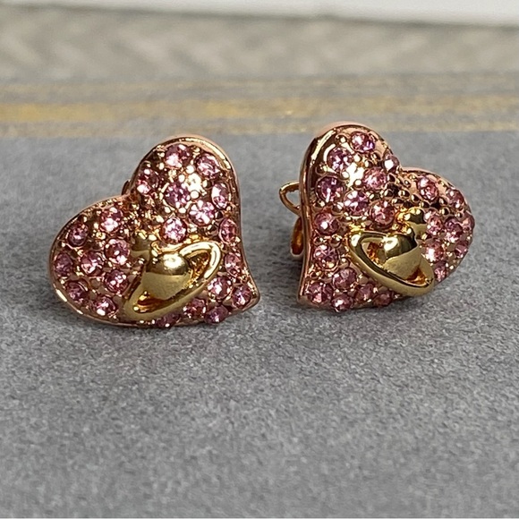 Vivienne Westwood Timy Diamante Heart Earrings Pink and Gold - Picture 12 of 16